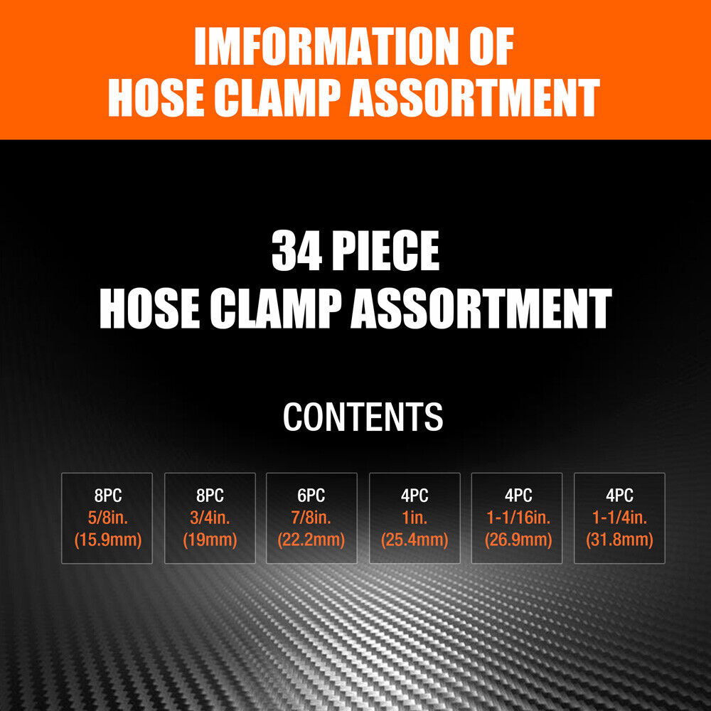 Durable 34Pc Assorted Hose Clamp Set with 6 Sizes for Fuel Lines and Pipes