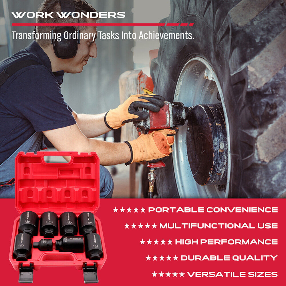 SEDY 8Pcs Deep Impact Socket Set with SAE Measurements and Adapter for Axle Nut Wrenches