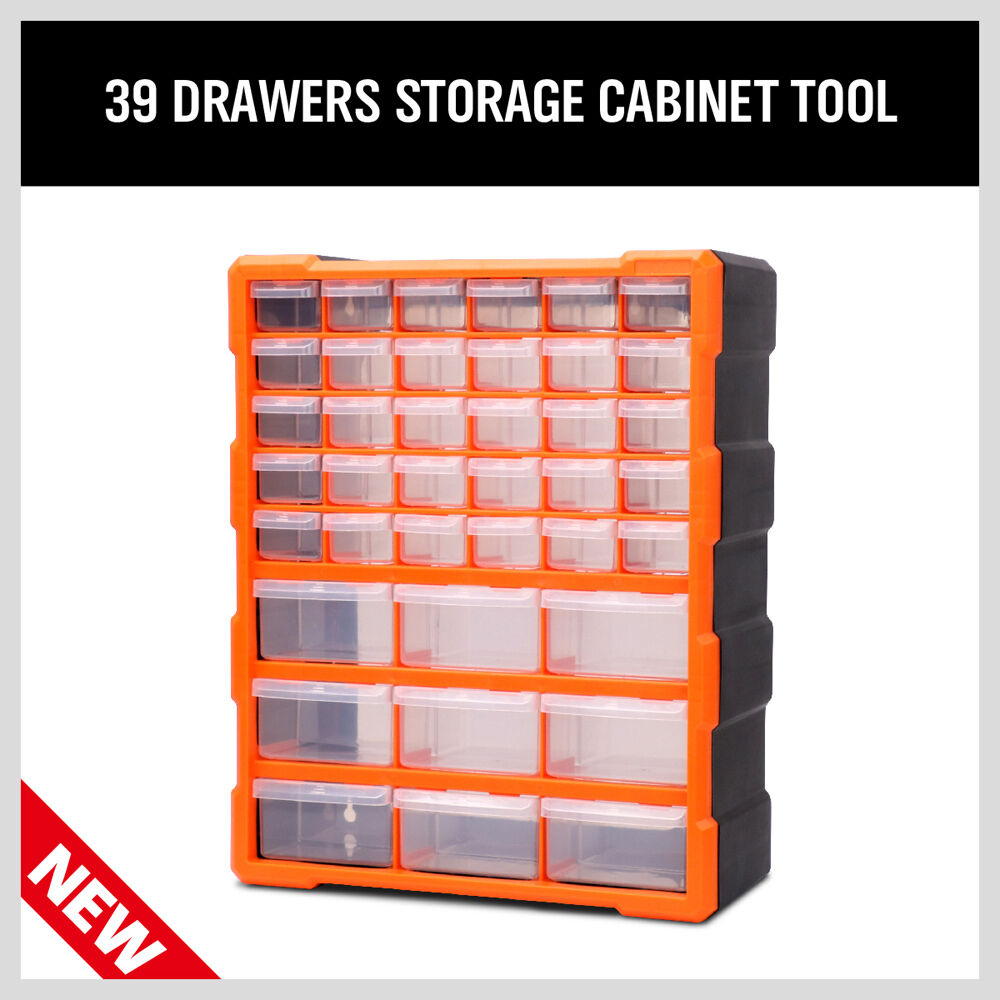 Heavy-duty 39-drawer cabinet set with anti-skid pads, mounting options and durable build for functionally organizing high volumes of tools, parts and industrial/commercial supplies in work environments.