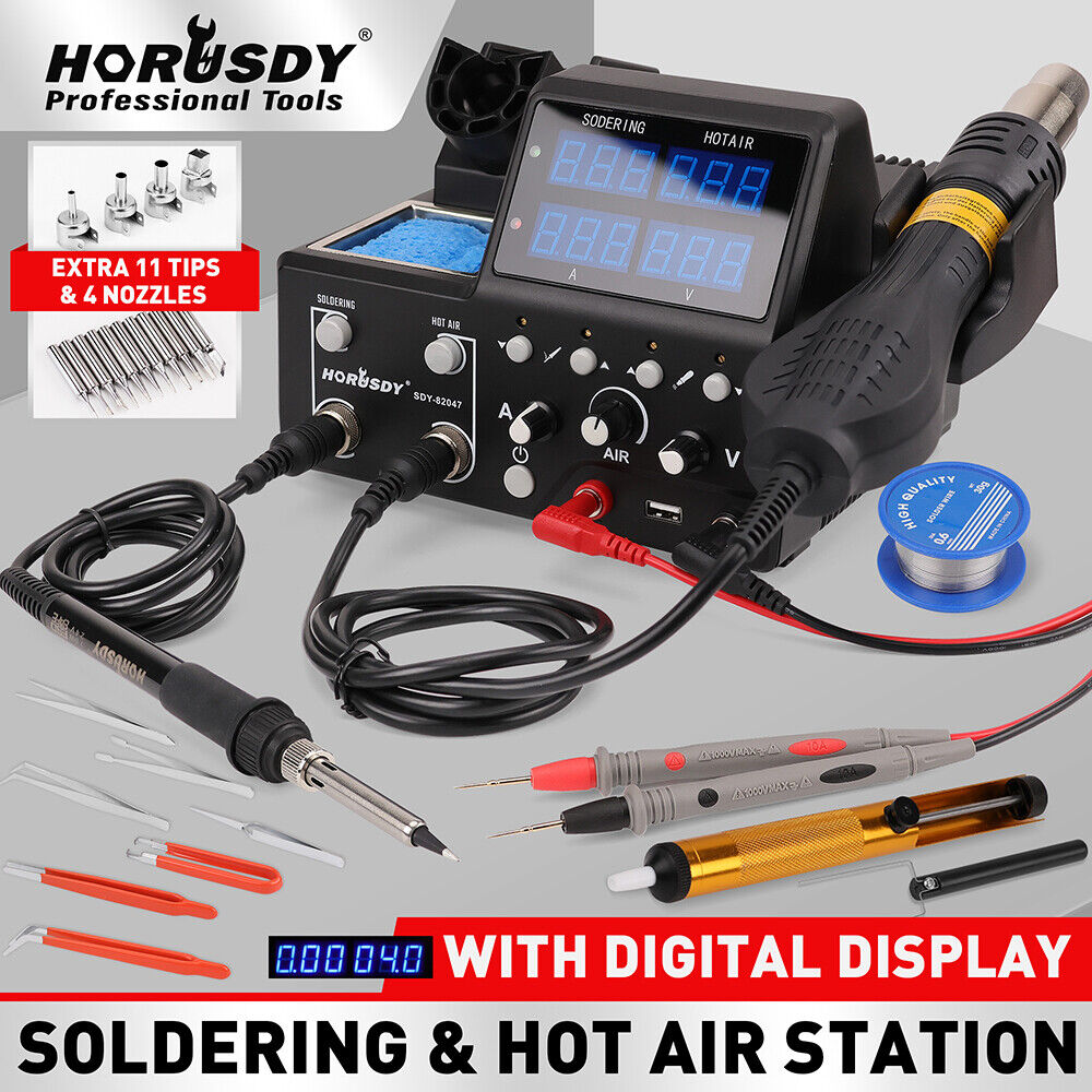 Comprehensive 3-in-1 Soldering and Rework Station with Digital Control, Various Accessories Included