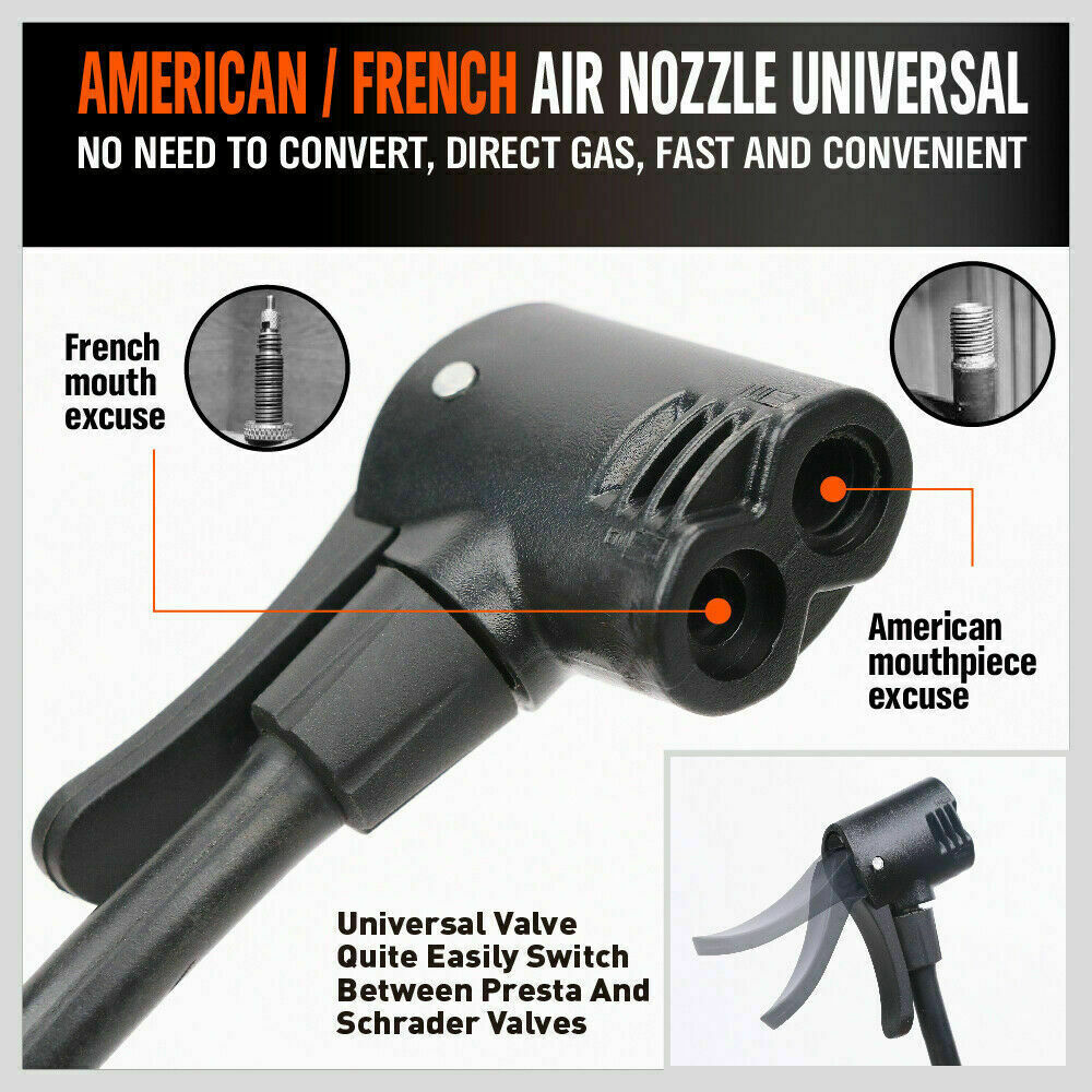 Durable High Pressure Bike Air Pump with Built-In Gauge - 160 PSI Capacity, Ergonomic Handle, Extra Long Hose, Includes Nozzles