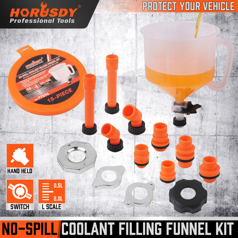 15 Piece No-Spill Coolant Funnel Kit with Valve Switch - Universal Fitment for Easy Vehicle Radiator Refill and Bleeding - Efficient and Reliable Automotive Tool