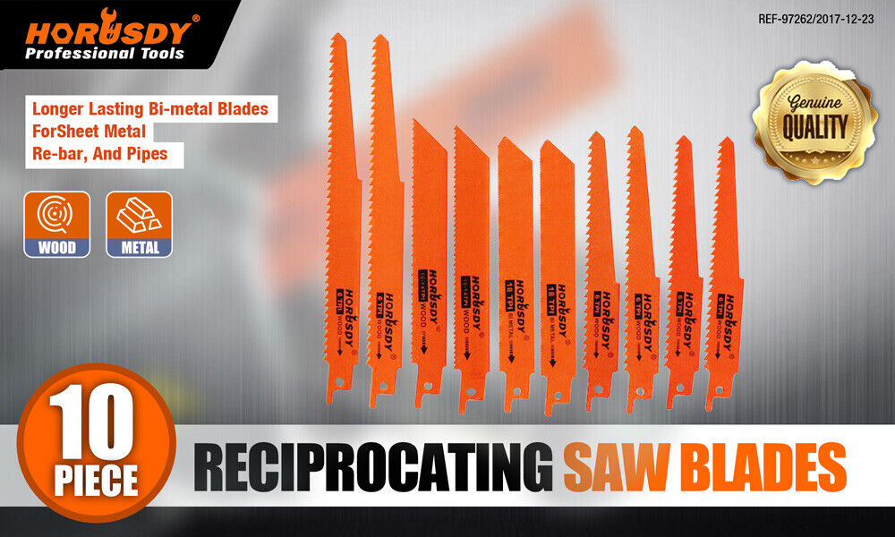 Multi-Pack of 10 Reciprocating Saw Blades for Wood and Metal Demolition Cutting, Including Bi-Metal and High-Carbon Steel Blades