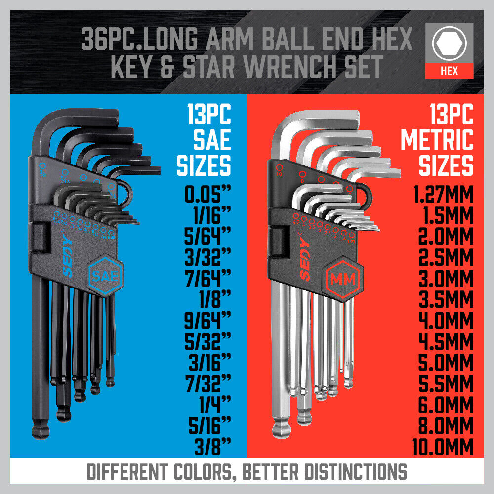 36Pc hex/torx key set, metric/imperial, handle, hard case, chrome vanadium steel, pro/DIY
