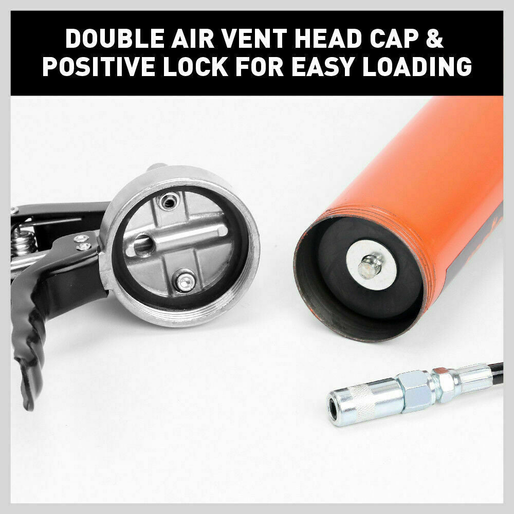 Manual 18-inch grease gun with a comfortable pistol grip lever, chrome-plated for durability, including a flexible hose and coupler with 4500PSI pressure