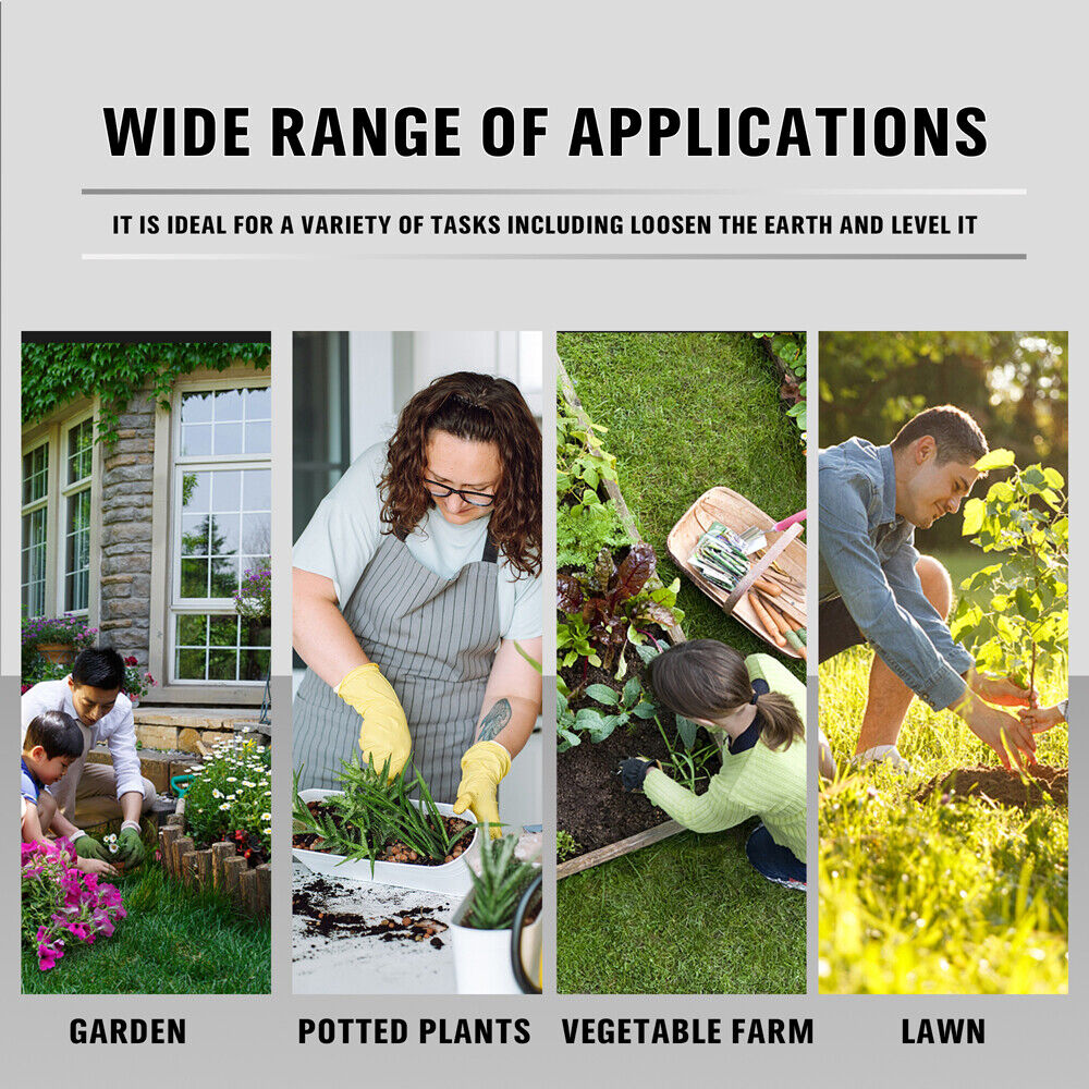 Durable 5-prong hand garden rake, featuring a unique design for effective weeding and soil loosening, made from carbon steel with a non-slip rubber handle. Length: 13.2 inches.