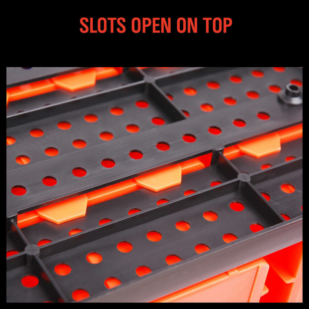 Wall-mounted storage bins rack with 30 durable bins in various colors for organized workshop and garage storage.