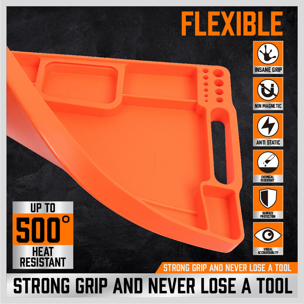 Medium Non-Slip Flexible Tool Tray with Magnetic Section for Small Parts