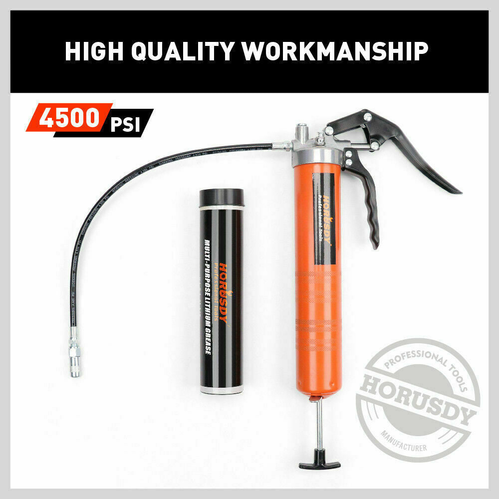 Manual 18-inch grease gun with a comfortable pistol grip lever, chrome-plated for durability, including a flexible hose and coupler with 4500PSI pressure