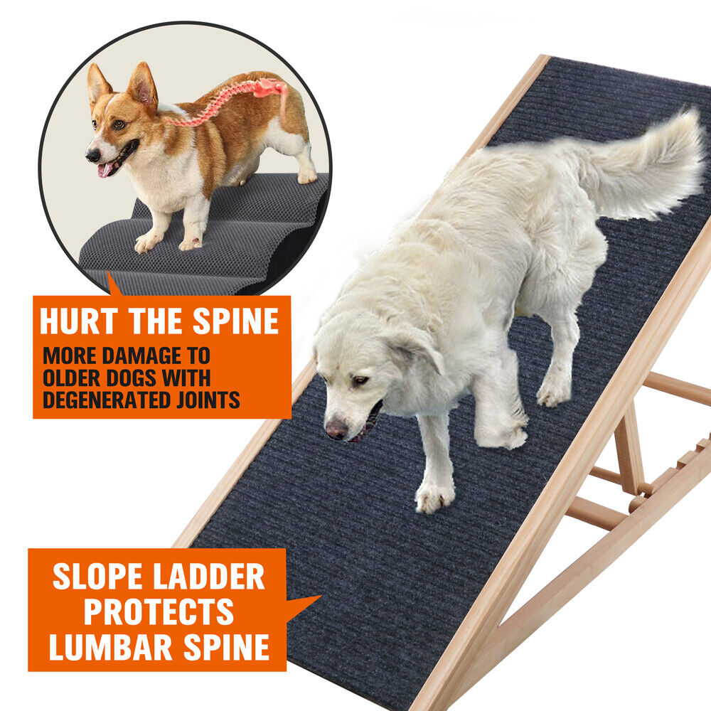 Adjustable foldable dog pet ramp with non-slip surface and practical wood construction for easy access and safety.