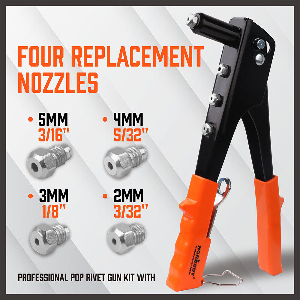 HORUSDY Heavy Duty 4-in-1 Pop Rivet Gun Set, Manual Riveter with Interchangeable Nozzles (5mm, 4mm, 3mm, 2mm) and Ergonomic Design for Easy Riveting