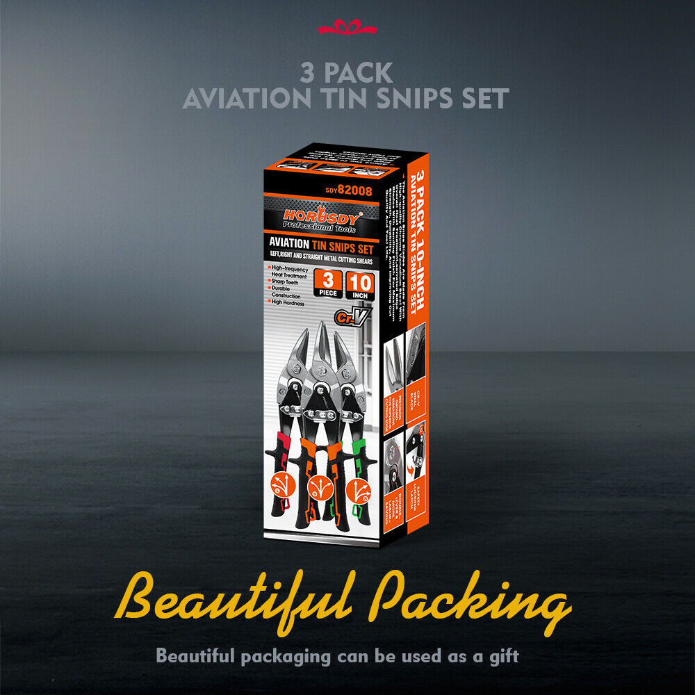 HORUSDY 250mm Aviation Tin Snips Set with Left, Right, and Straight Cutters, featuring High-Leverage, Serrated-Edge Blades for Metal and Steel Sheet Cutting