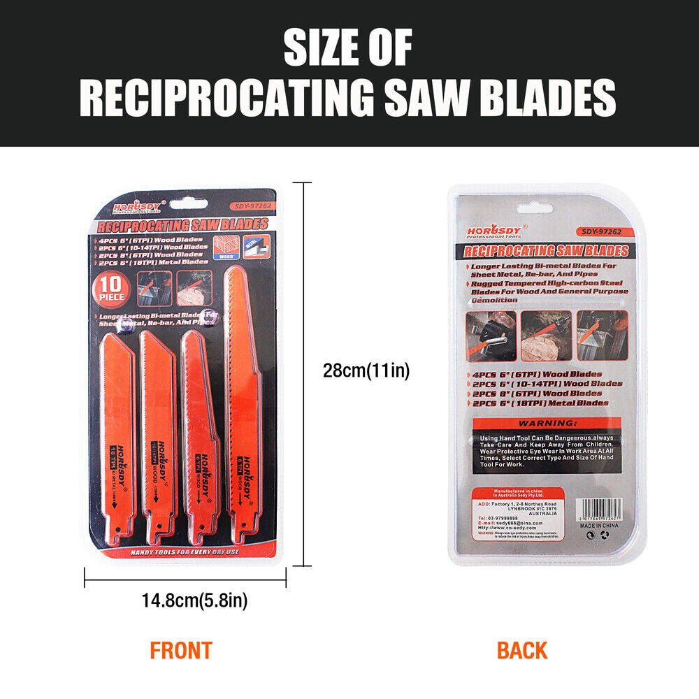 Multi-Pack of 10 Reciprocating Saw Blades for Wood and Metal Demolition Cutting, Including Bi-Metal and High-Carbon Steel Blades