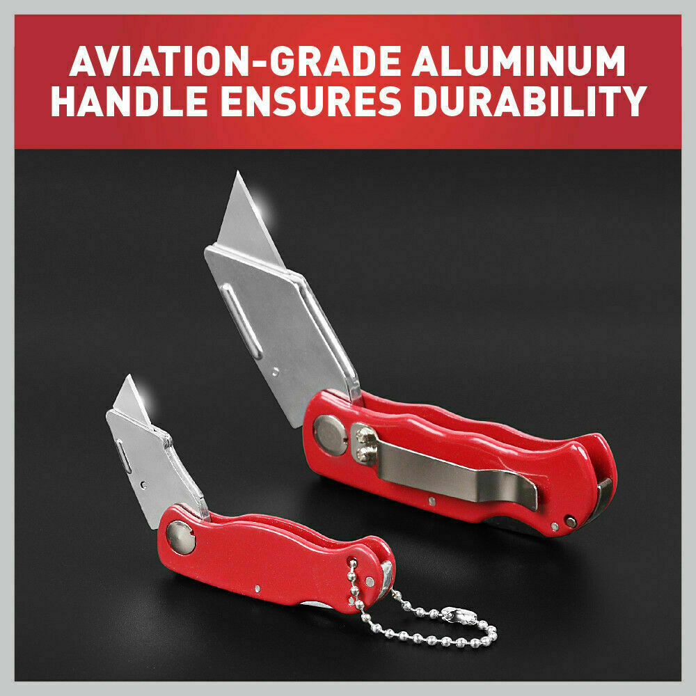 Two folding utility knives with aluminium handles and ten additional Stanley blades for crafts and DIY tasks.