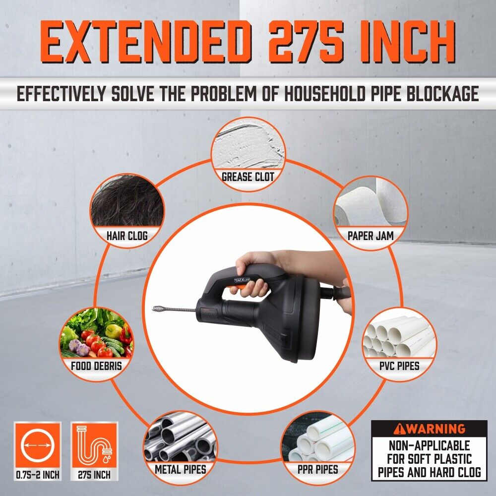 Efficient Drain Auger Drain Cleaner Unblocker - 7m Cable for Kitchen, Bathroom Sinks, Bathtubs, Showers, and Pipes