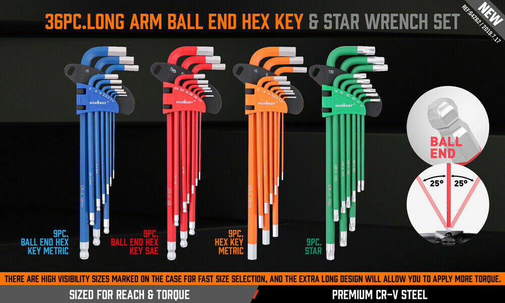 Premium 36Pc Hex & Torx Key Set - Color-coded, slip-resistant grip. Ball end design. Tamper-proof Trox Star Keys.