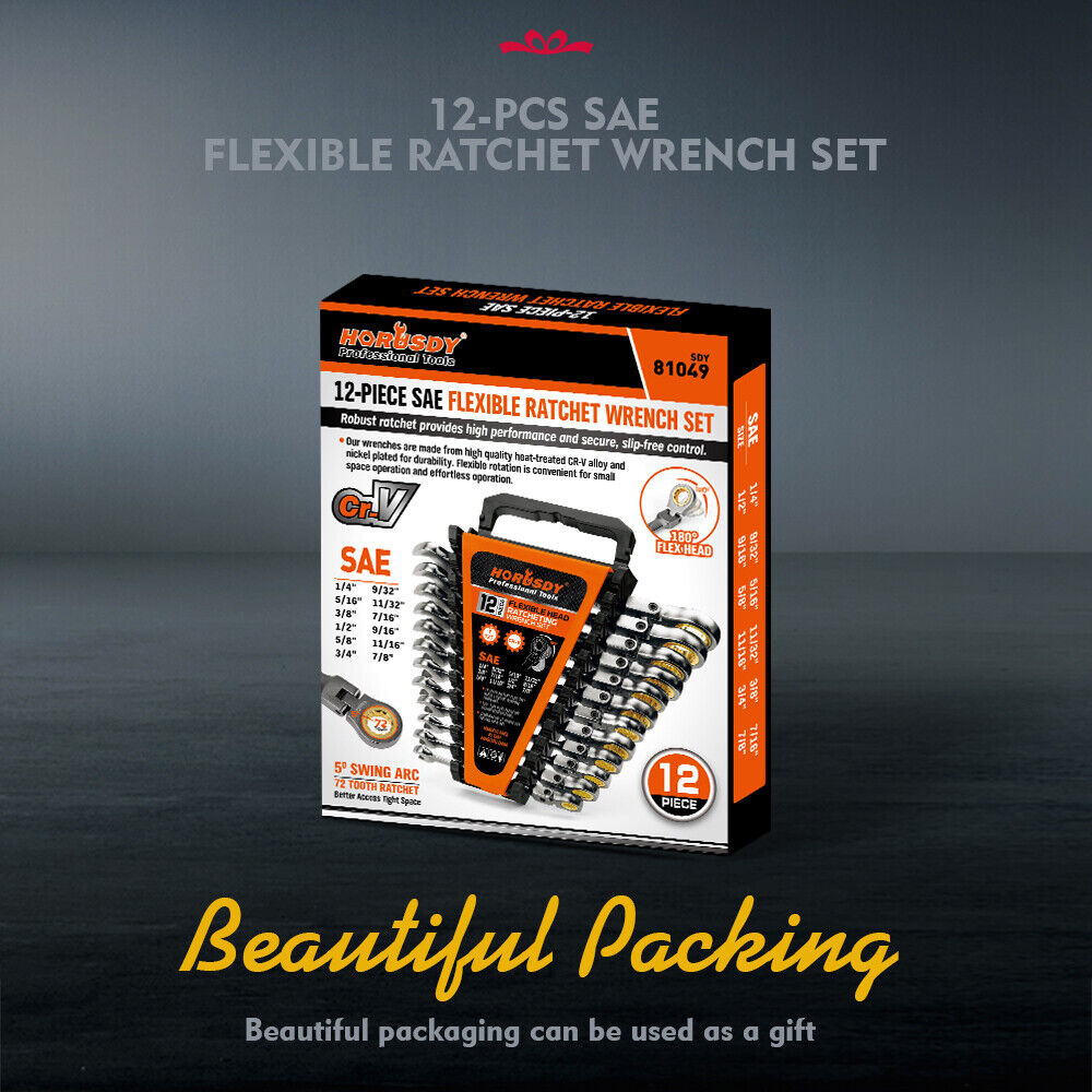 HORUSDY 12-Piece SAE Ratchet Spanner Set, 72-Tooth Precision, Flexible Head, Chrome Vanadium Steel, Nickel-Chromium Finish, Sizes 1/4" to 7/8