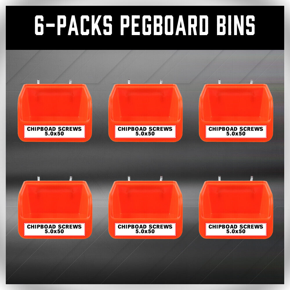 6Pc Pegboard Bins Set with Durable Steel Hooks - Ideal for Organizing Small Tools, Screws, and Hardware on Pegboards