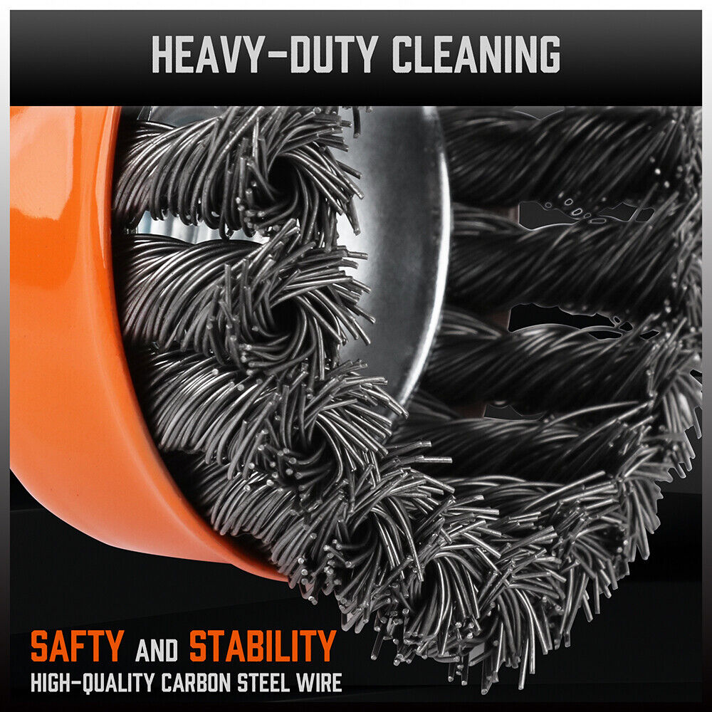 Durable 3-inch twist knot steel wire wheel cup brush for removing rust, weld scale, and burrs with M14 fitting.