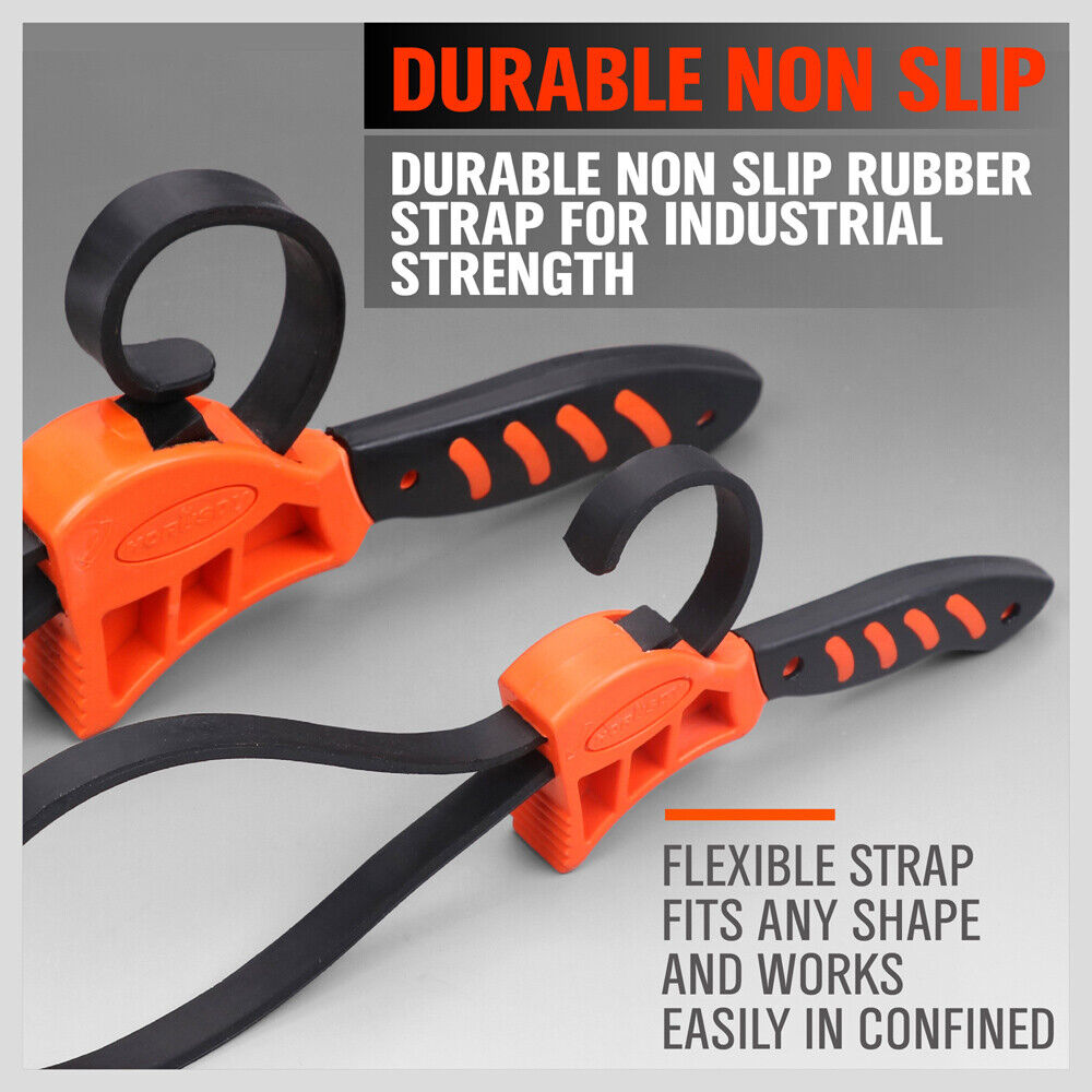 Two-piece adjustable strap wrench set with reinforced rubber belts and ergonomic handles.
