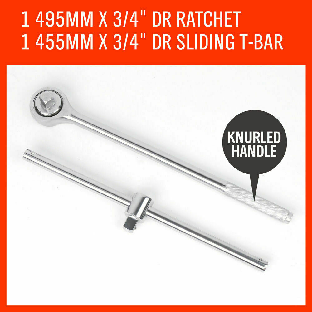 Comprehensive 27-piece heavy-duty socket and wrench set with 3/4" drive in both metric and imperial sizes, including ratchet, sliding T-bar, and extension bars in a durable steel case.