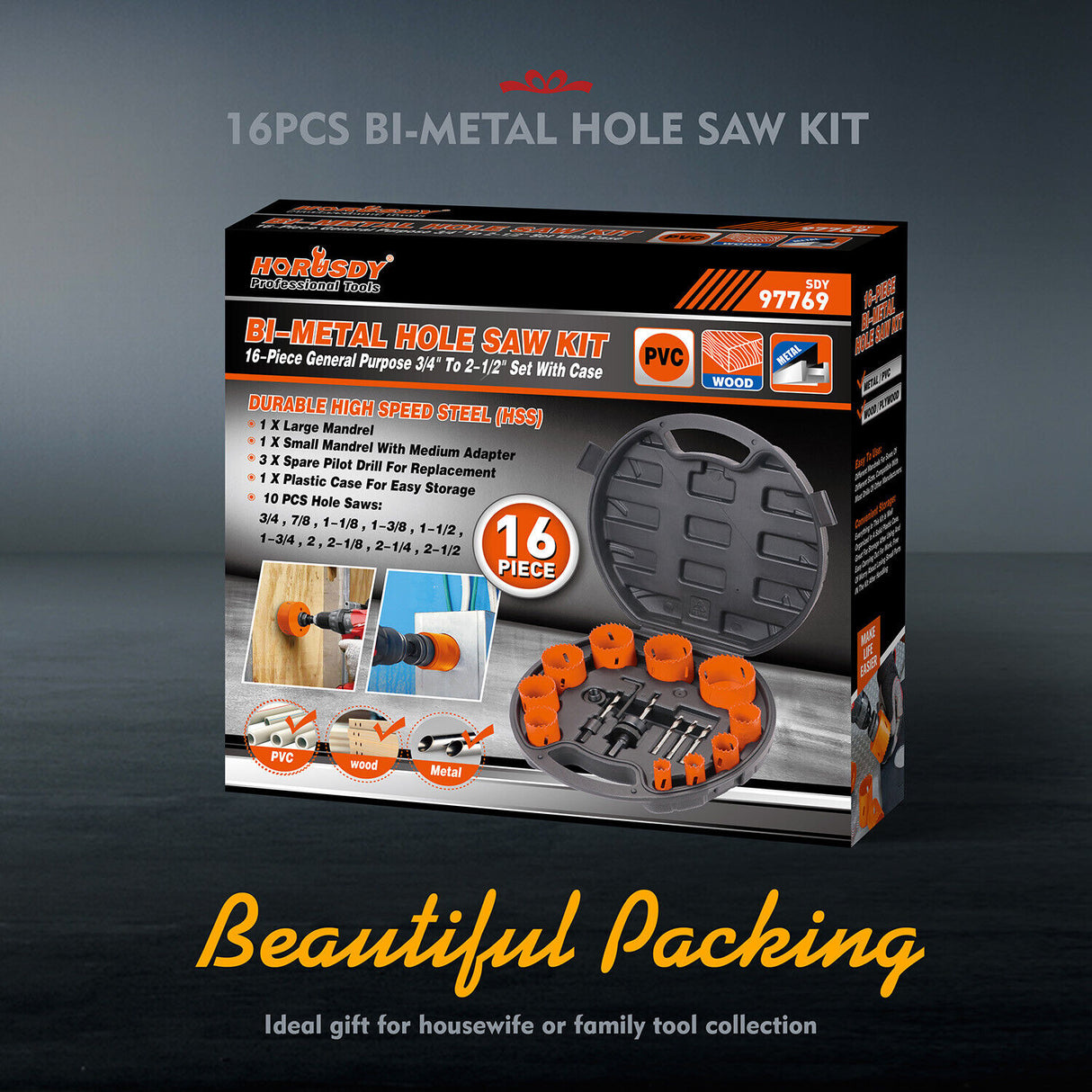 16-piece bi-metal hole saw set for precise cutting on metal, wood, gypsum, PVC, and plastic, with various sizes and durable construction