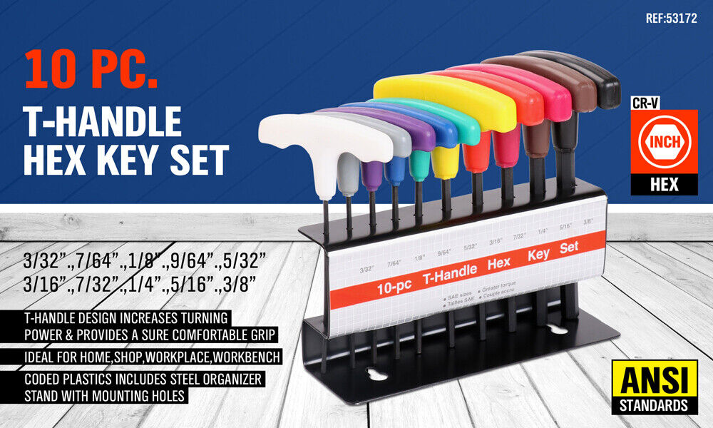 T-Handle Allen Key Set - SAE/Imperial Hex Wrenches. Comfortable grip. Durable. Convenient rack stand.
