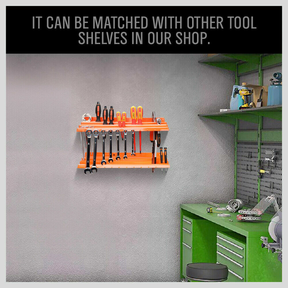 Wall-mounted tool storage rack with removable bins for organized and accessible tool keeping.