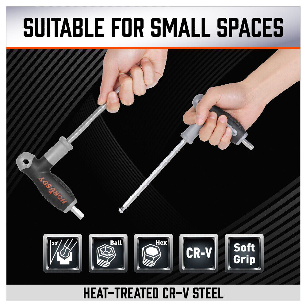 Premium T-Handle Allen Wrench Set - Versatile 2-way use. Comfortable grip. Ball end for tight spaces. Wall-mountable.