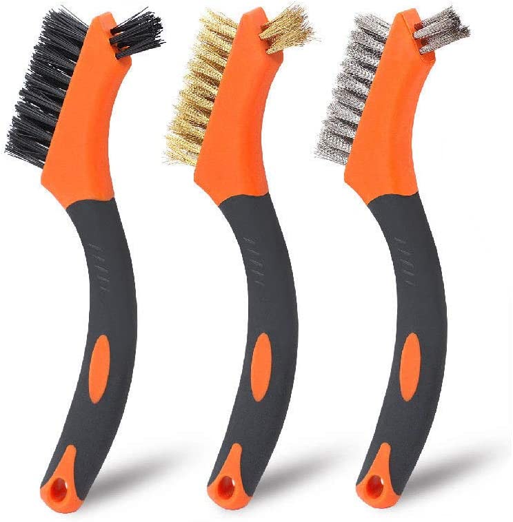 Durable 3-piece wire brush set with brass, stainless steel, and nylon brushes, each 170mm long, perfect for cleaning and polishing various surfaces.