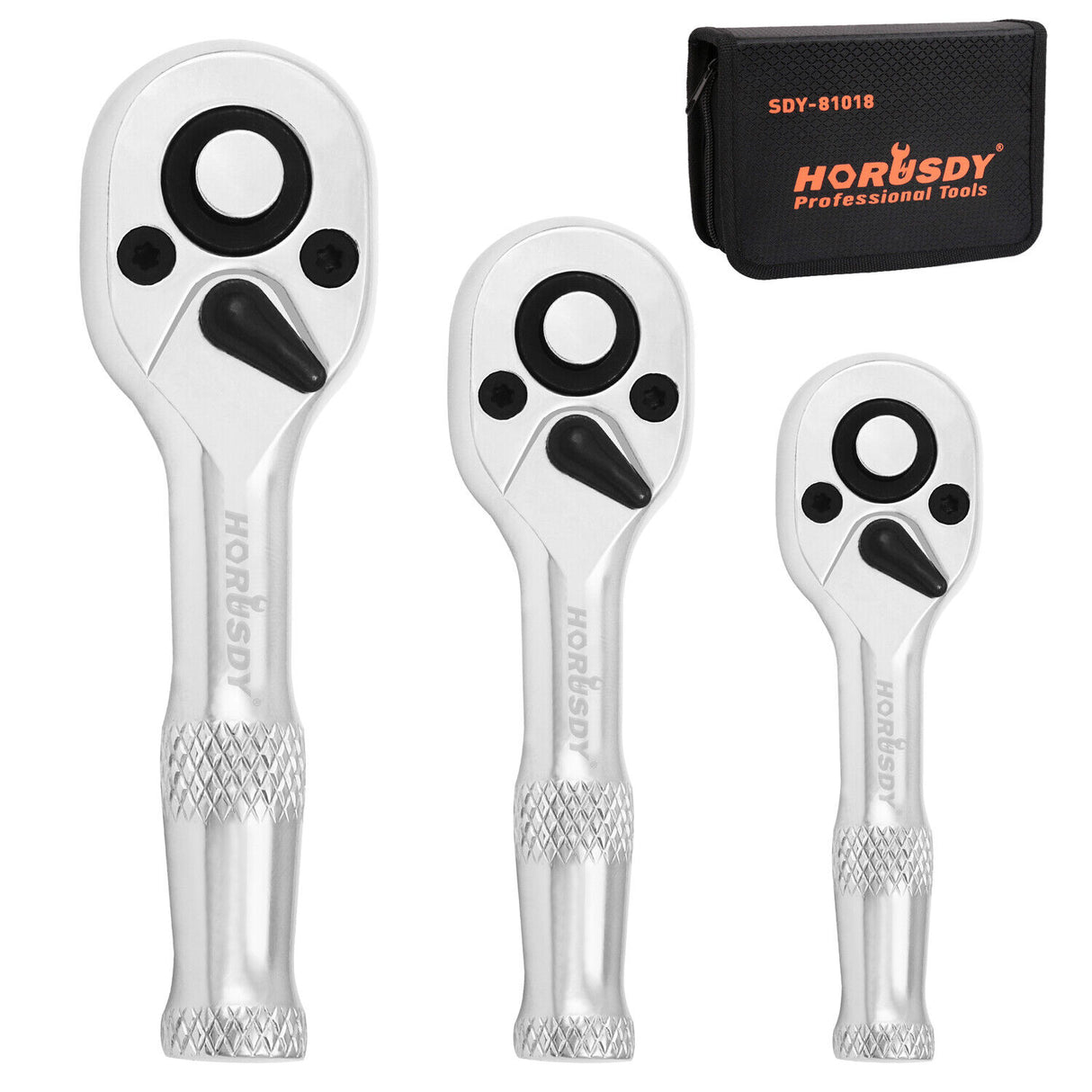 HORUSDY 3-Piece Stubby Socket Ratchet Wrench Set featuring 72-Tooth Mechanism and Durable CRV Construction, Sizes 1/2", 3/8", 1/4" with Storage Pouch