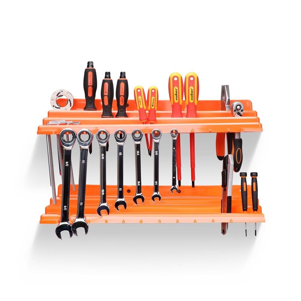 Wall-mounted tool storage rack with removable bins for organized and accessible tool keeping.