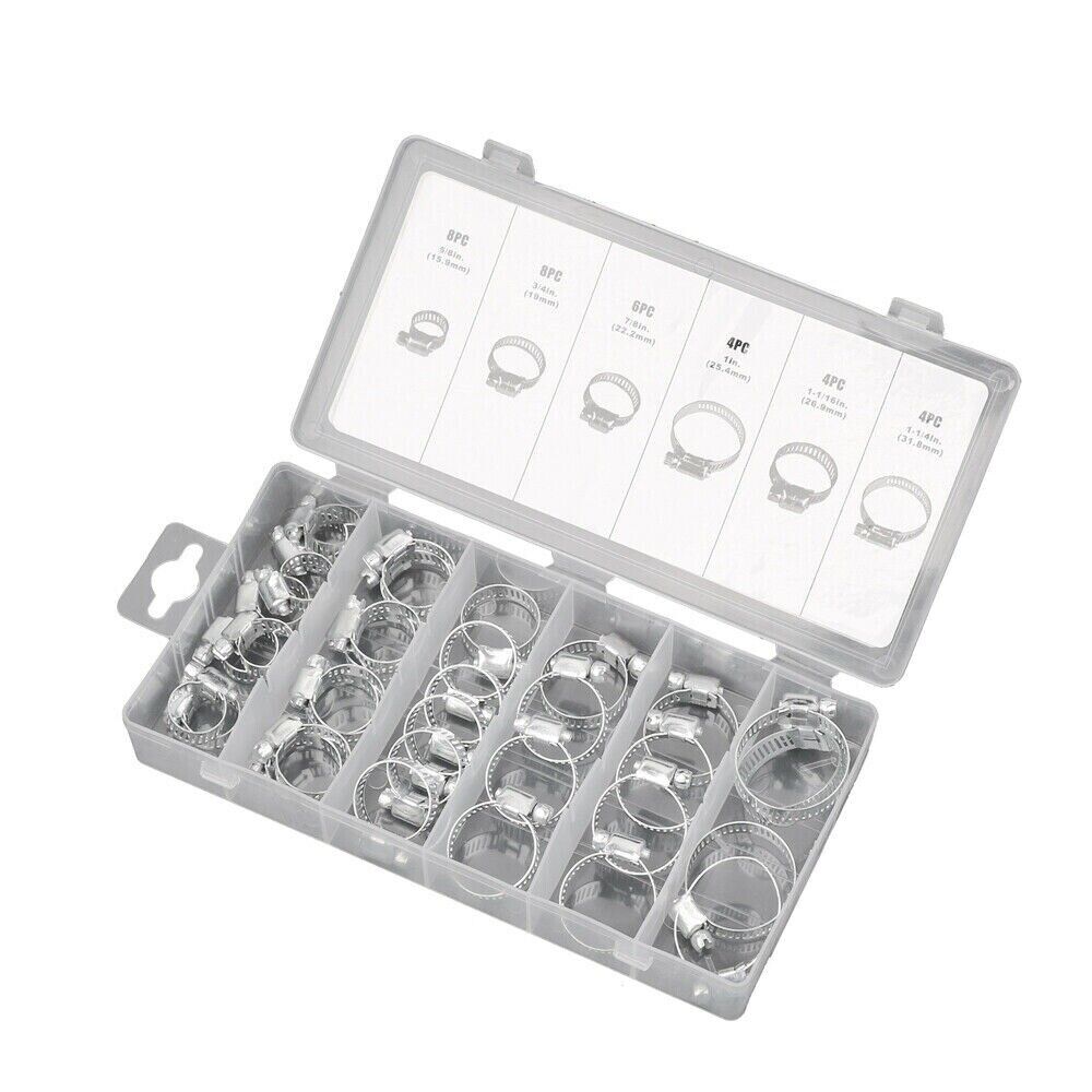 Durable 34Pc Assorted Hose Clamp Set with 6 Sizes for Fuel Lines and Pipes