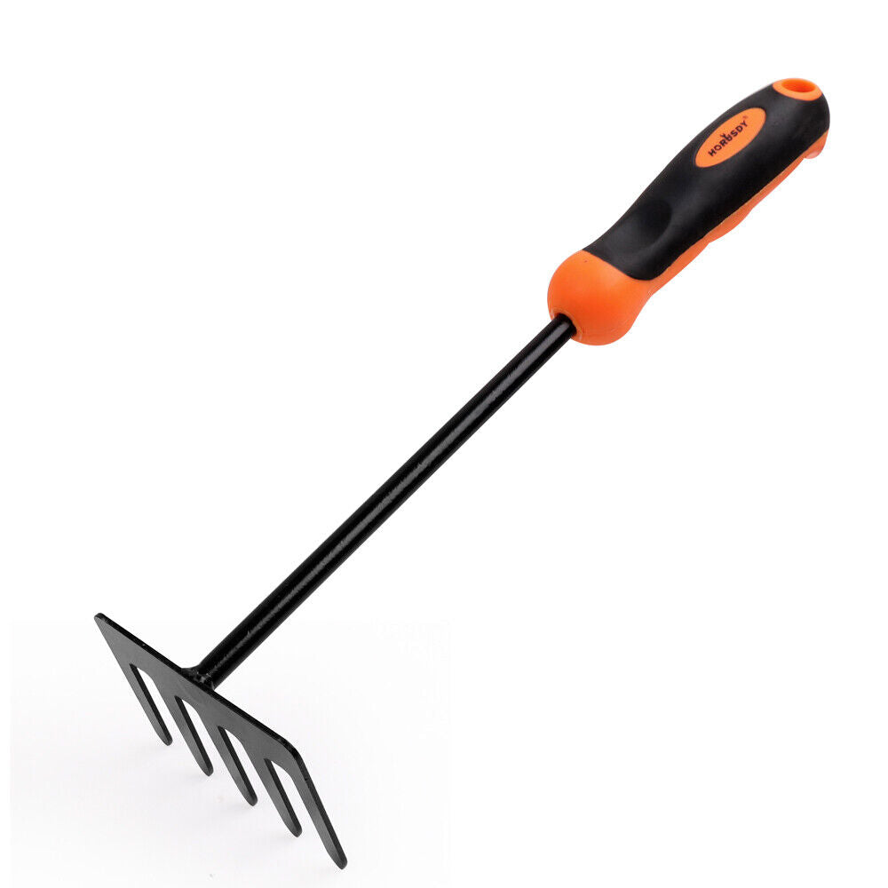 Durable 5-prong hand garden rake, featuring a unique design for effective weeding and soil loosening, made from carbon steel with a non-slip rubber handle. Length: 13.2 inches.