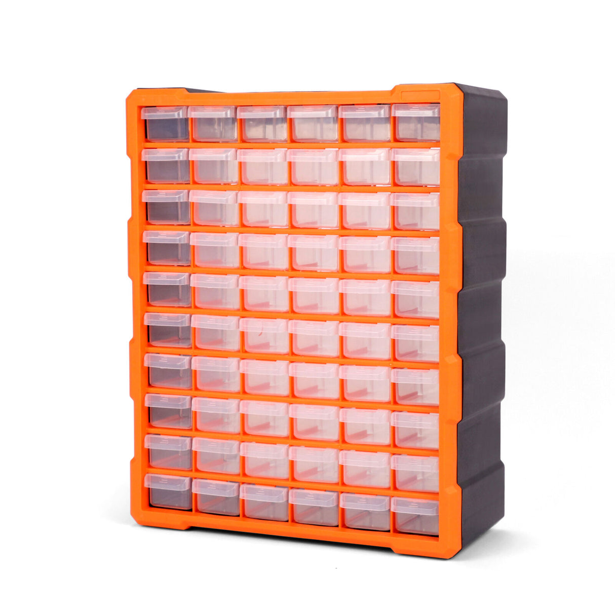 60-drawer organizer set enables wall, stack or floor installation with durable, transparent build for functionally arranging huge volumes of tools, industrial parts and job site supplies.