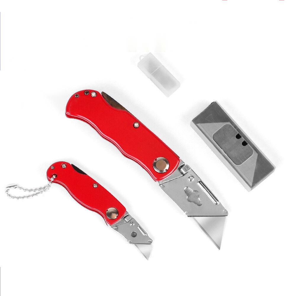 Two folding utility knives with aluminium handles and ten additional Stanley blades for crafts and DIY tasks.