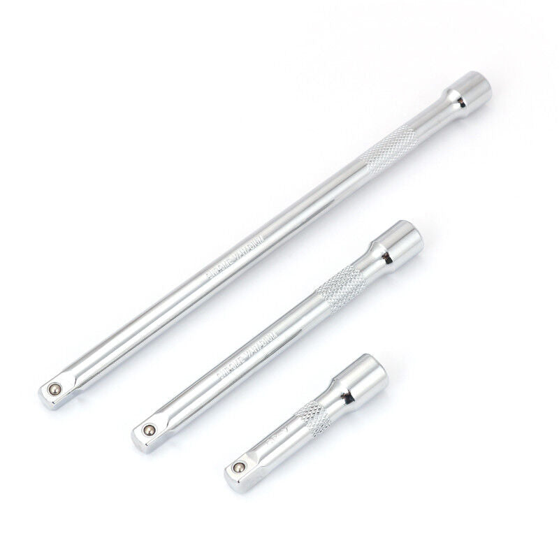 Durable 3-Piece Extension Bar Set with spring-loaded ball detent, knurled grip, and SmartKrome plating for 3/8" drive.