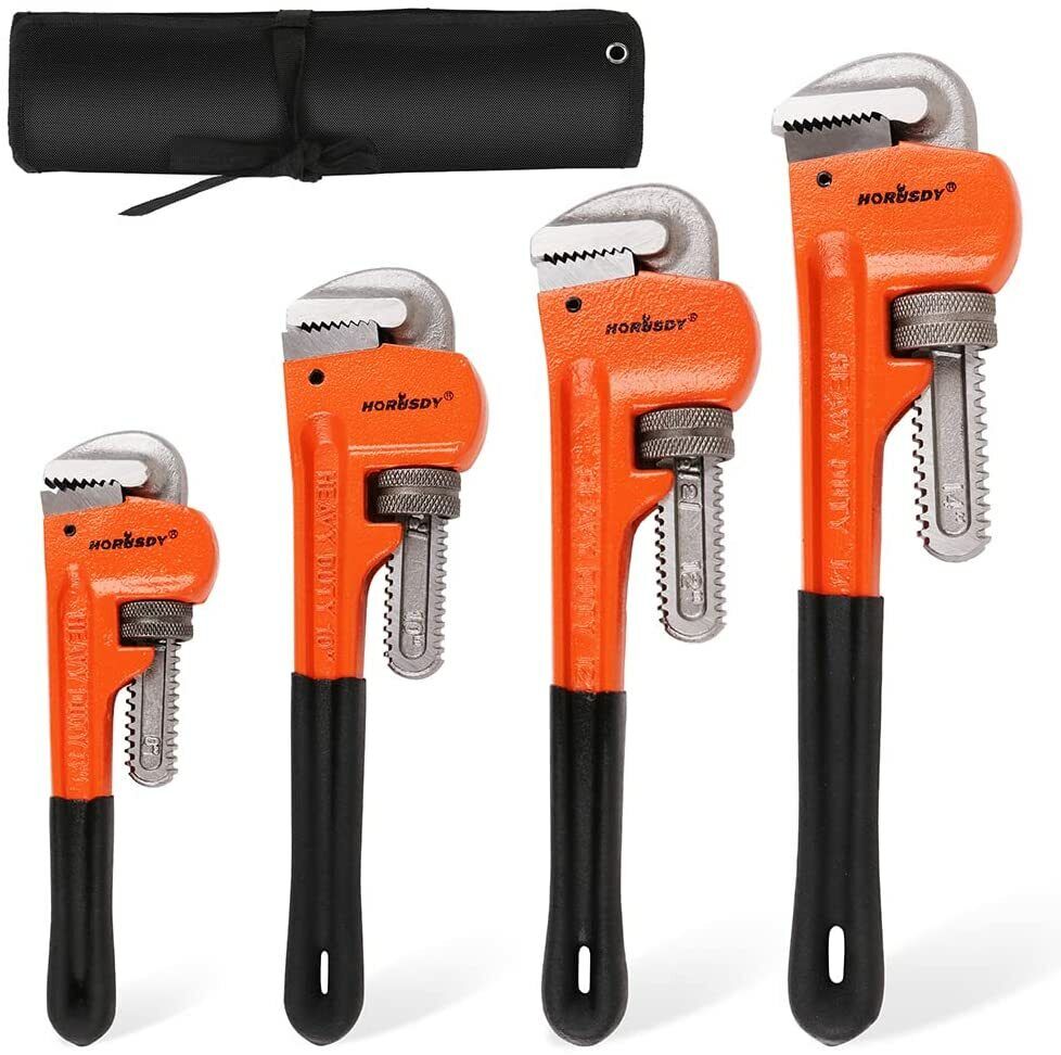 Set of four heavy-duty pipe wrenches in sizes 8, 10, 12, and 14 inches, featuring high-strength malleable cast iron handles and heavy forged steel heads for durability. The wrenches have sharp, precise teeth for a firm grip on pipes and comfortable plastic-wrapped handles for easy use.