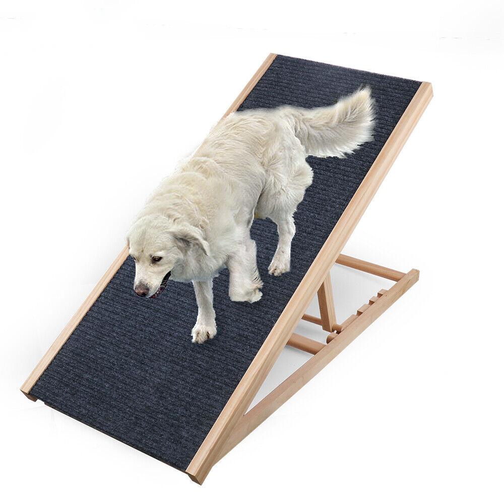 Adjustable foldable dog pet ramp with non-slip surface and practical wood construction for easy access and safety.