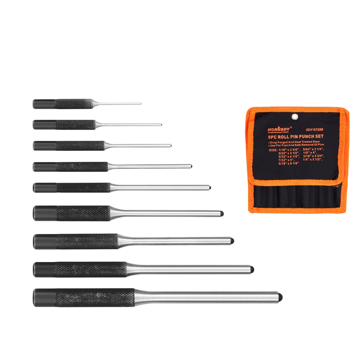 Durable 9-Piece Roll Pin Punch Set for Gunsmiths, Jewelers, and Carpenters - Includes Various Sized Punches and Canvas Pouch