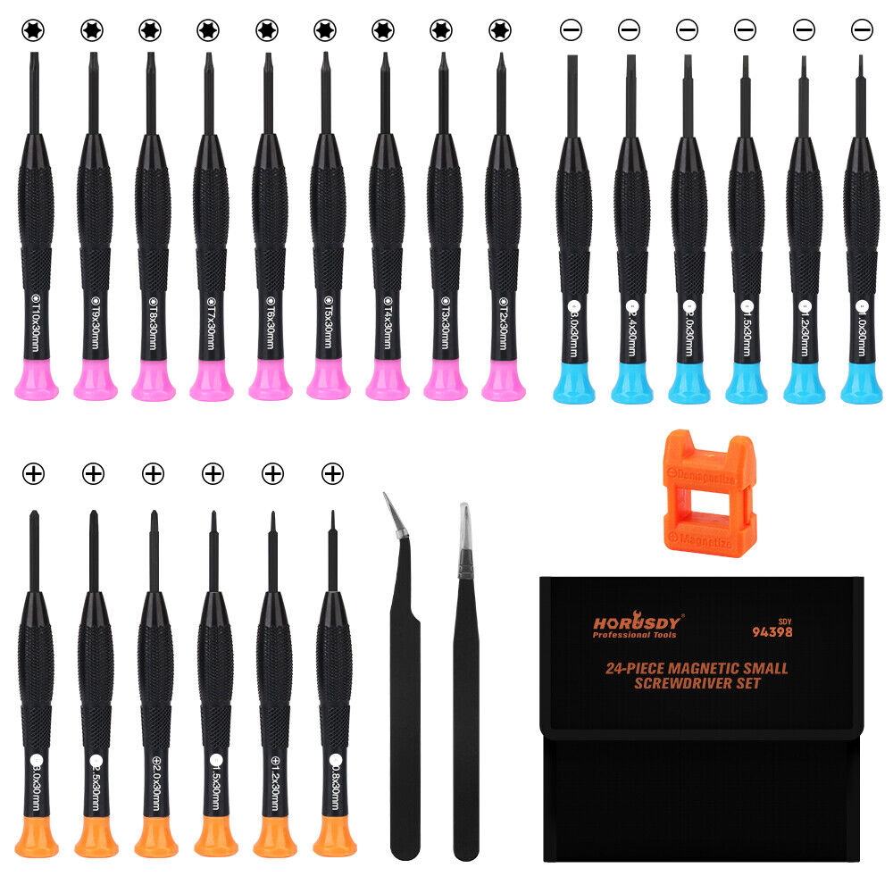 A comprehensive precision screwdriver set made of hardened steel with magnetic tips, non-slip handles and slotted, Phillips and Torx tools for intricate electronics repair.