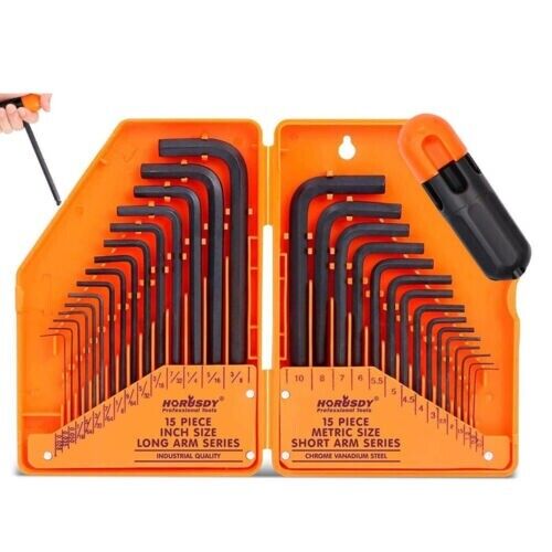 31-Piece Hex Key Set with T-Handle. Durable construction. Comprehensive metric and imperial sizes. Includes carrying case.