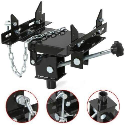 Sturdy 500KG Transmission Jack Adapter in black, featuring an adjustable saddle, corner brackets for universal fit, safety chains, and an automatic release valve. Constructed from heavy-duty steel for maximum durability