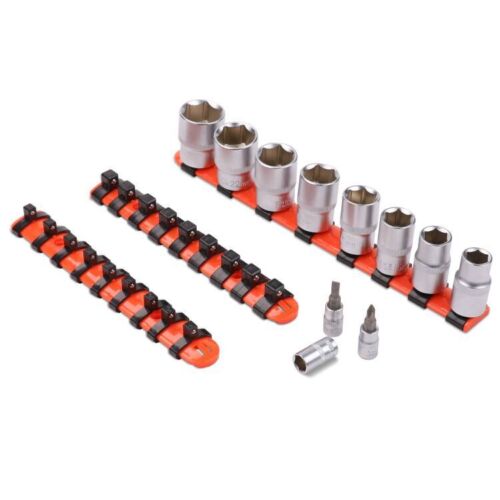 Three-piece mixed socket holder set for 1/2", 3/8", and 1/4" drive sockets, featuring spring-loaded ball bearings for secure holding.