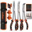 3-piece 11-inch long reach pliers set with straight, 45-degree and 90-degree bent nose pliers, magnetic racks and roll-up pouch