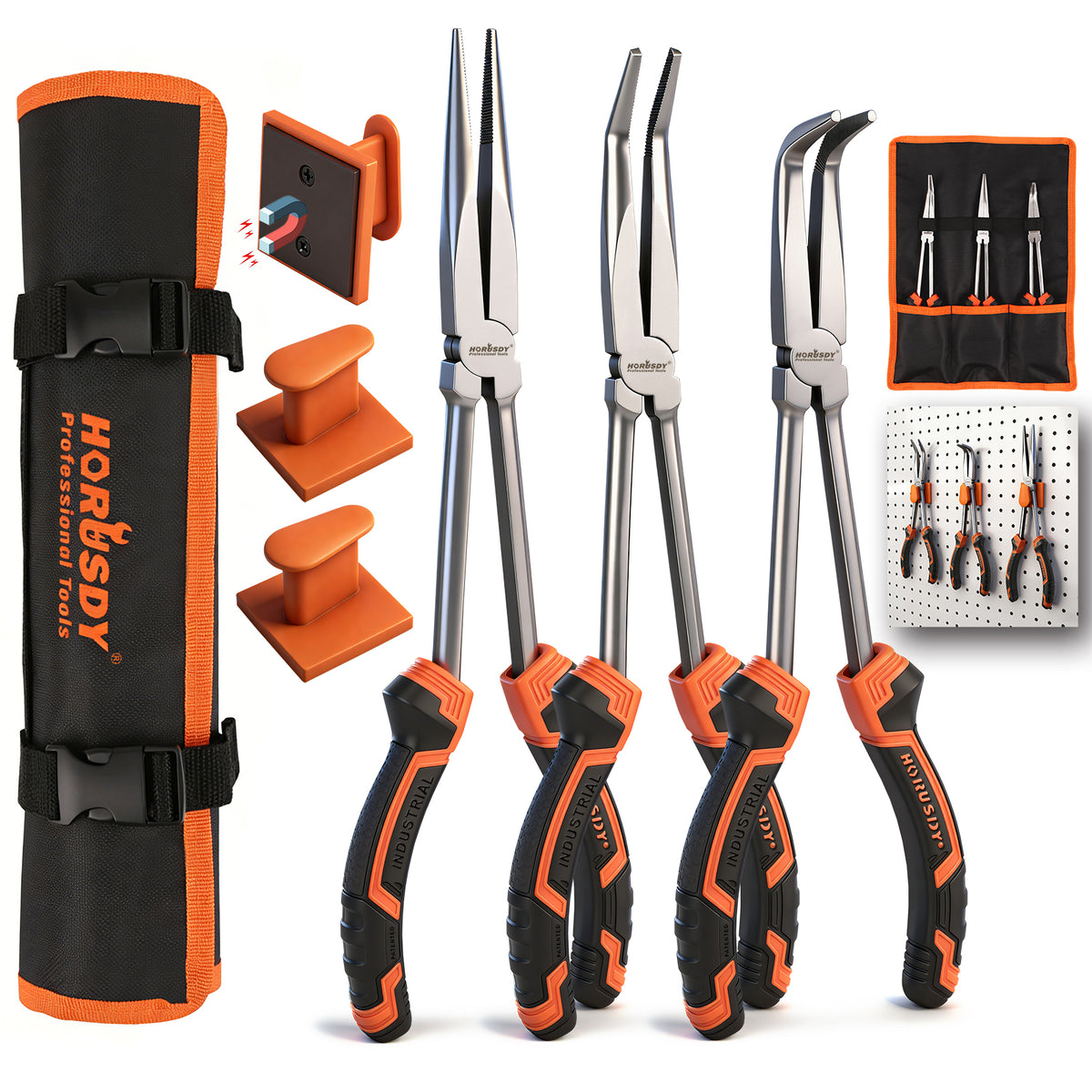 3-piece 11-inch long reach pliers set with straight, 45-degree and 90-degree bent nose pliers, magnetic racks and roll-up pouch