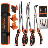 3-piece 11-inch long reach pliers set with straight, 45-degree and 90-degree bent nose pliers, magnetic racks and roll-up pouch