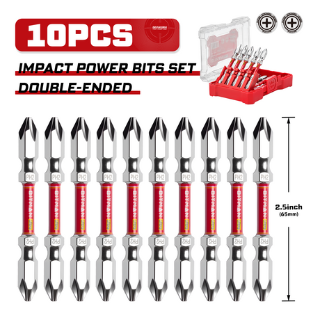 10-piece double-ended PH2 impact power bit set featuring magnetic S2 steel bits with dual torsion zones, HRC63 hardness, anti-cam-out design and storage case, available in 2.5 inch, 3.2 inch and 4.5 inch lengths for impact drivers and drills.