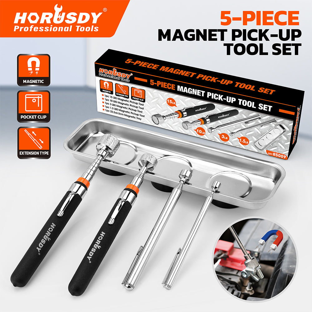 5-piece telescoping magnetic pickup tool set with 1.5 lb, 3 lb, 10 lb and 15 lb magnet tools, pocket clips, padded handles and large stainless steel magnetic parts tray for screws, bolts and auto repair