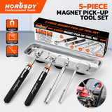 5-piece telescoping magnetic pickup tool set with 1.5 lb, 3 lb, 10 lb and 15 lb magnet tools, pocket clips, padded handles and large stainless steel magnetic parts tray for screws, bolts and auto repair